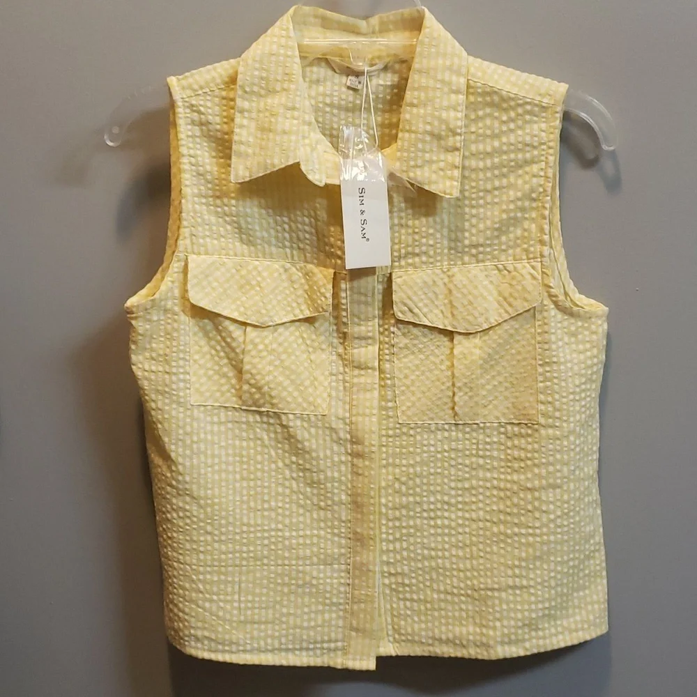 Sim & Sam NWT Sleeveless Button Front Yellow and White Check Top - Picture 1 of 6